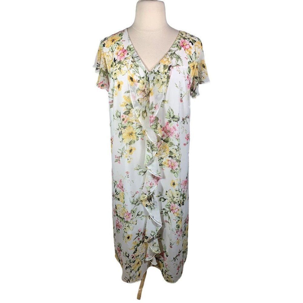 Emma Michele White Pink Floral Chiffon Slip Dress 3X Flutter Sleeve Brunch NEW